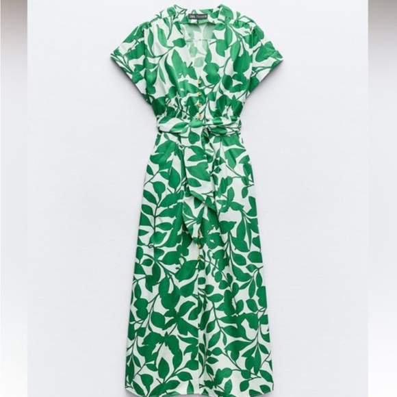 BELTED PRINTED MIDI DRESS GREEN/WHITE . SIZE L - Picture 9 of 13